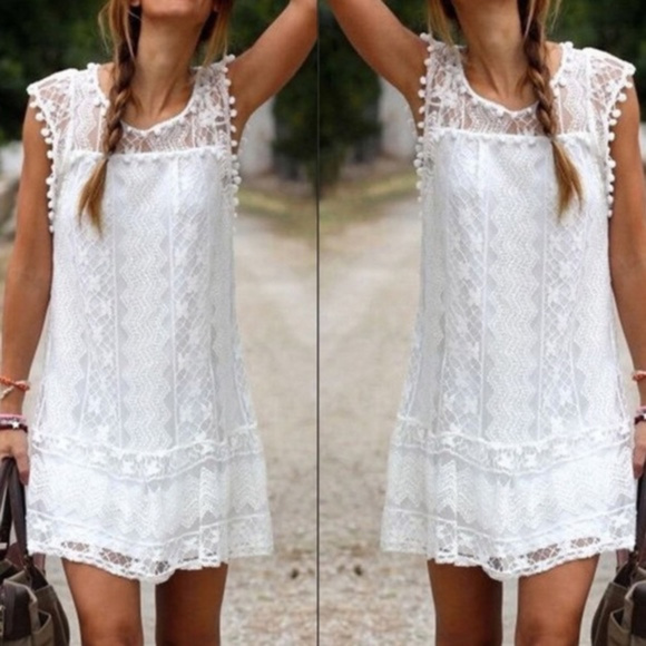 Boho Sleeveless White Lace Mini Beach Dress NWT - Picture 3 of 8